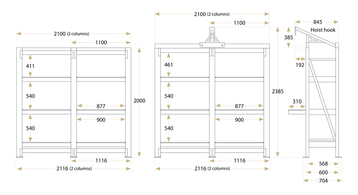 Mould Rack (2 columns) — overall frame dimensions (mm)