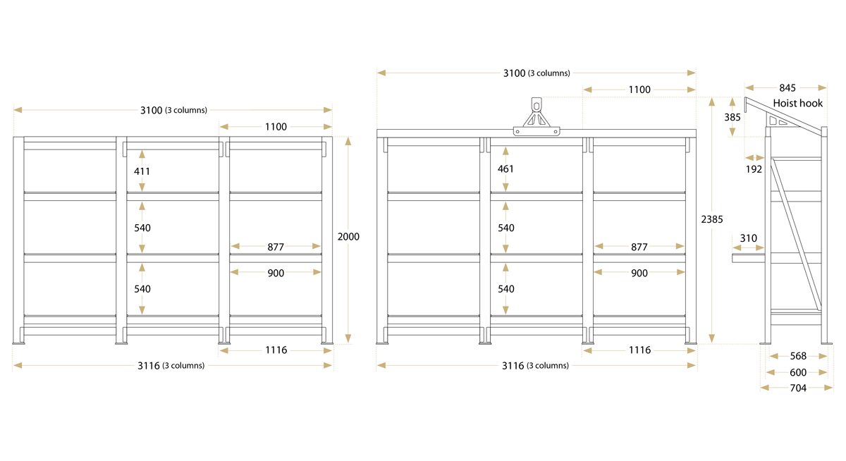 Mould Rack (3 columns) — overall frame dimensions (mm)